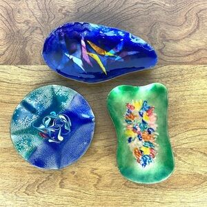 Lot Of 3 Enamel On Copper Dish Plate Signed Vtg Abstract Vibrant Trio MCM Retro